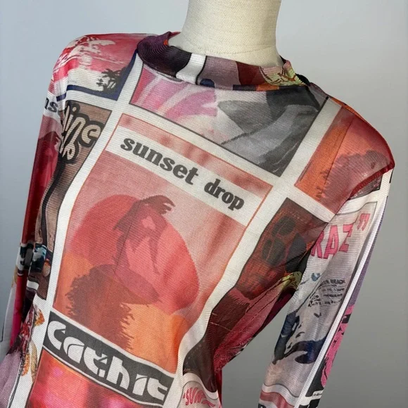 Tokyo Talkies Vintage Y2K Mesh Top Sunset Drop Postcard Newspaper Print M - Picture 4 of 10